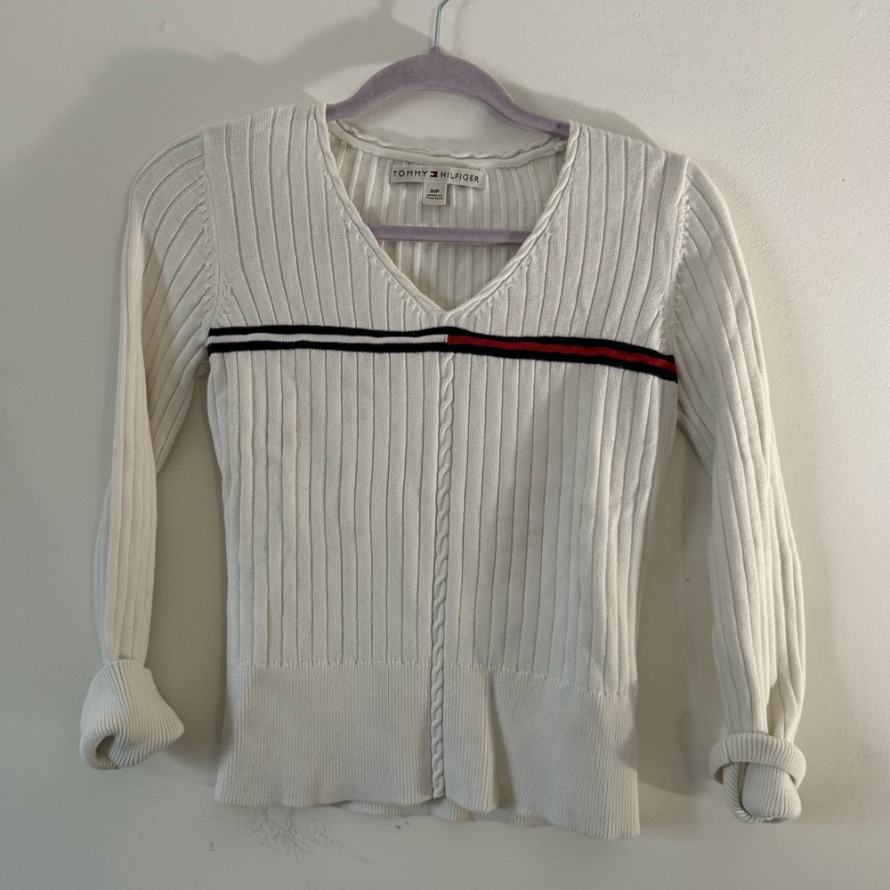 Tommy Hilfiger Cream Ribbed V-Neck Sweater